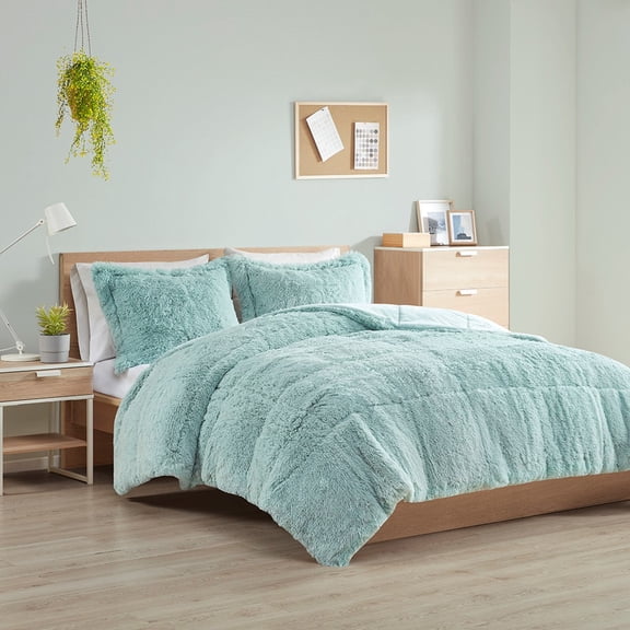 Witaxima Full/Queen Blue Shaggy Faux Fur Comforter Set, 90x90 Inch Plush Bedding with 2 Standard Shams, Machine Washable & Hypoallergenic