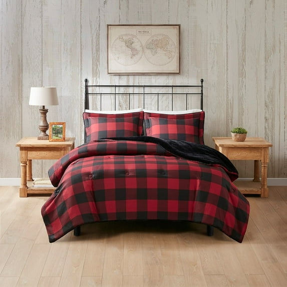 Witaxima Full/Queen Reversible Comforter Set - Faux Wool Plaid & Faux Fur, Multicolor, 88x92 Inch with 2 Shams, Machine Washable