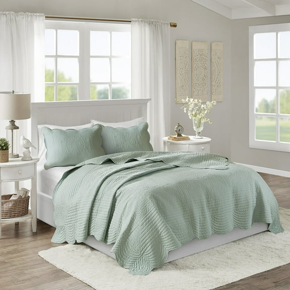 Witaxima Full/Queen Reversible Quilt Set with Scalloped Edges, Seafoam Green 3-Piece Microfiber Bedding with Cotton Fill