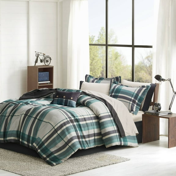 Witaxima Full Size 9-PC Plaid Comforter Set with Sheets, Teal/Black, Microfiber Bedding, Includes Pillow Shams & Bedskirt
