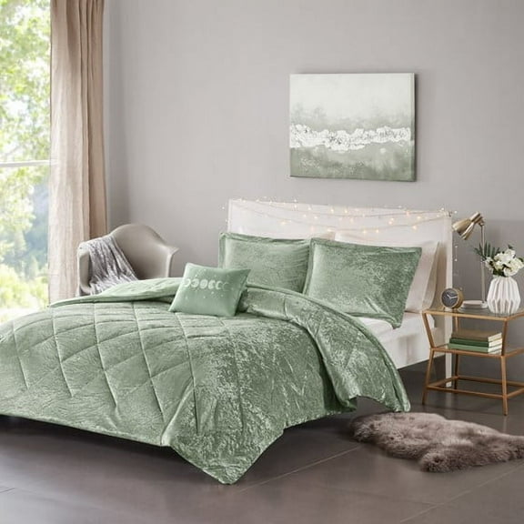 Witaxima Green Velvet Comforter Set Twin/Twin XL, Crushed Diamond Quilted Bedding with Sham and Pillow, Soft Polyester