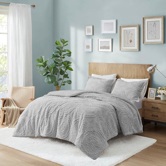 Witaxima Grey King/Cal King Embroidered Medallion Faux Fur Ultra Plush Comforter Mini Set with 2 Shams