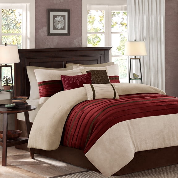 Witaxima King 7 PC Faux Suede Comforter Set in Red, Pieced Microsuede Design with Embroidered Pillows and Bed Skirt