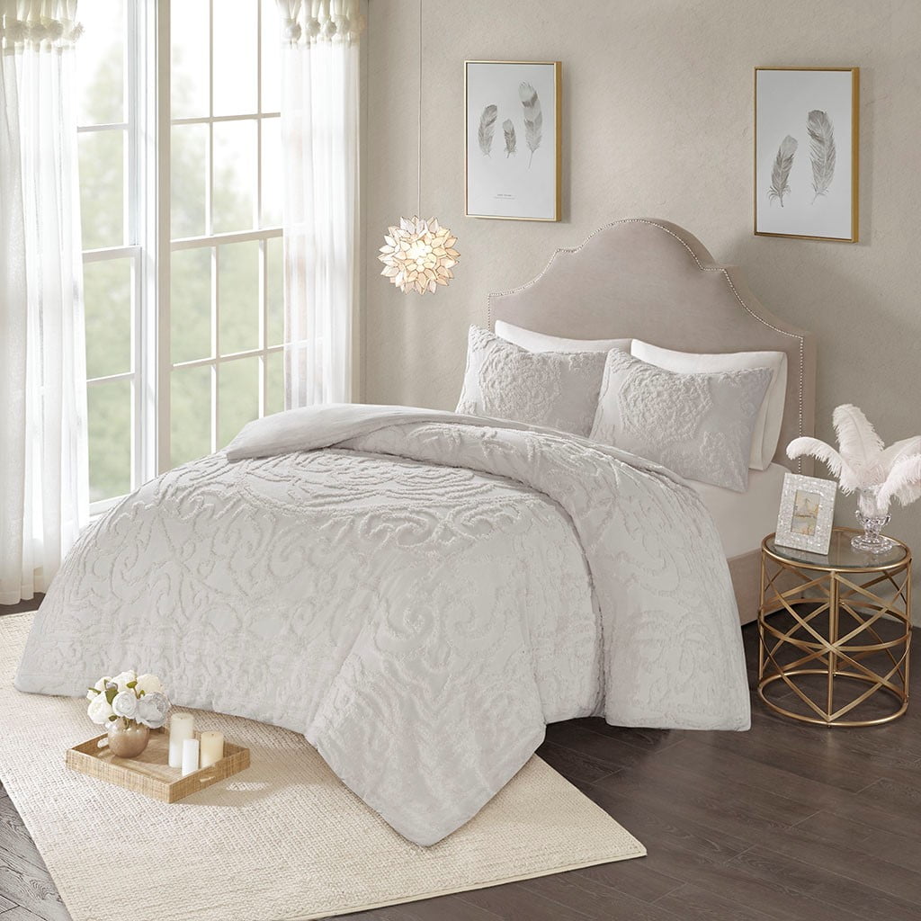 Witaxima King/Cal King 3-Piece Cotton Chenille Duvet Cover Set, Light Gray, Bohemian Style, OEKO-TEX Certified