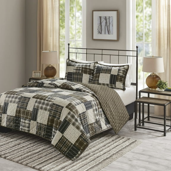 Witaxima King/Cal King 3-Piece Reversible Printed Quilt Set in Black/Brown, Microfiber Bedding with Zipper Closure