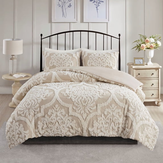 Witaxima King/Cal King 3 Piece Tufted Cotton Chenille Damask Duvet Cover Set, Multicolor, 104x92 Inches, Machine Washable