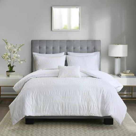Witaxima King/Cal King 4-Piece Cotton Seersucker Duvet Cover Set in White, Textured Striped Bedding with Matching Shams