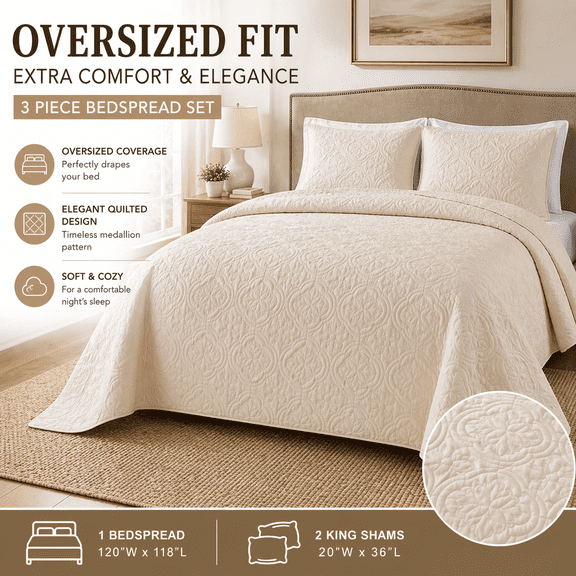 Witaxima King Size 3-Piece Bedspread Set Cream, Reversible Quilted Medallion Pattern, Microfiber Hypoallergenic Bedding