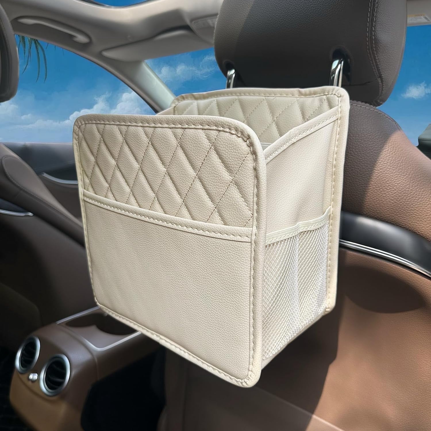 Witaxima Beige Car Trash Bag Hanging, 2.14 Gal Car Trash Can with Storage Pockets, PU Leather Backseat Organizer for Cars, SUVs, Trucks