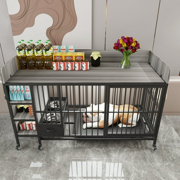 Witaxima Large Pet Cage with Storage Rack & Drawers, 57.08"L x 23.60"W x 33.40"H, Iron Frame & MDF Panel, Stainless Steel Food/Water Basin, 6 Wheels for Mobility, Black+Smoke Gray