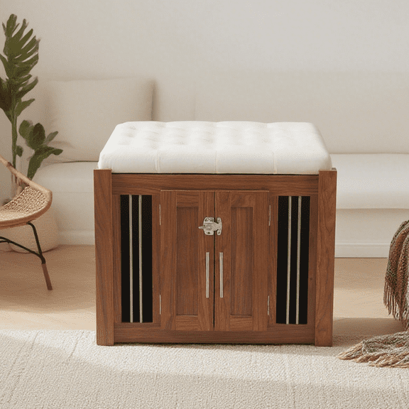 Witaxima Luxury Wooden Dog Crate with Padded Seat, 30.25''L 2-in-1 End of Bed Bench Ottoman with Sliding Barn Door, Walnut