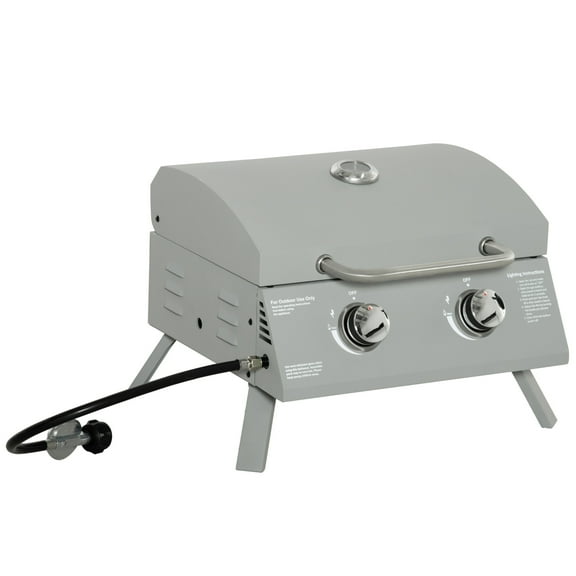 Witaxima Outsunny 2 Burner Portable Propane Gas Grill with Foldable Legs, Thermometer, 21.8" L x 18.3" W, Light Grey for Camping, Picnic, Backyard