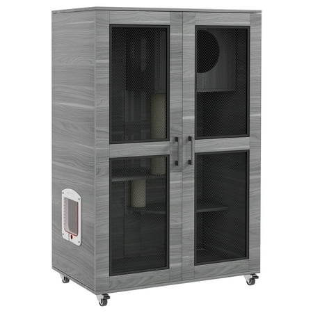 Witaxima PawHut Luxury Cat House with Wheels, 31.5" x 20" x 48.5" Gray Kitty Cage Catio Villa for Indoor Cats, Scratching Posts, Condo, Flap Door & Cushion
