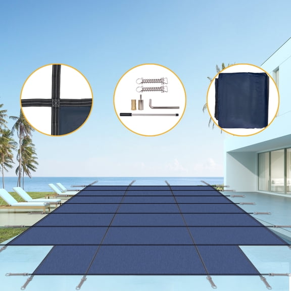 Witaxima Pool Safety Cover, 16x32ft Rectangular Inground Winter Swimming Pools, with 4x8ft Center End Step, Blue Mesh
