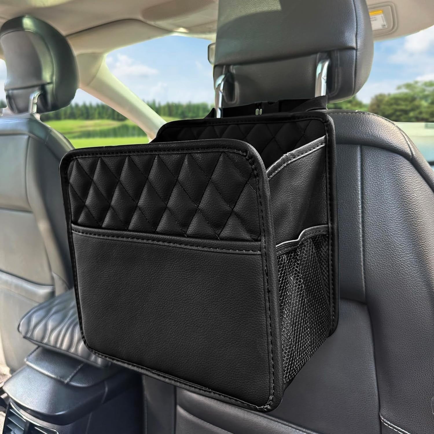 Witaxima Car Trash Bag Hanging, 2.14 Gal Car Trash Can with Storage Pockets, PU Leather Backseat Organizer for Cars, SUVs, Trucks, Black