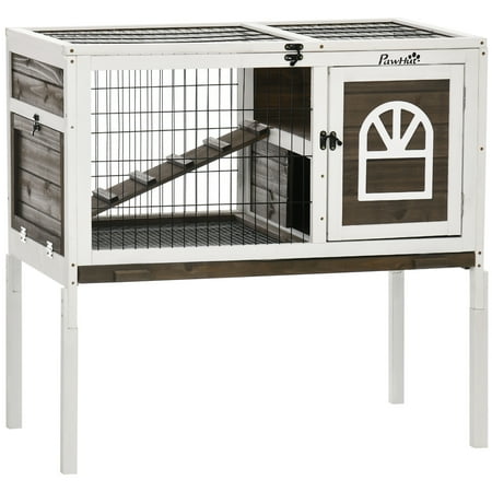 Witaxima Wooden Rabbit Hutch Indoor Elevated Guinea Pig Cage with Run, Ladder, Lockable Doors & Removable Tray, 35.5" L x 20.75" W x 34.25" H, Brown
