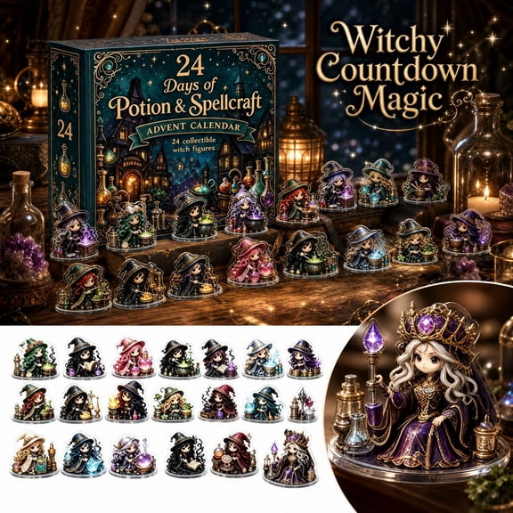Witch Advent Calendar 2026 24 Days Christmas Countdown 24 Unique Mini 2D Acrylic Witch Figures Collectible Magical Witchy Standee Fantasy Display Gift for Kids Teens