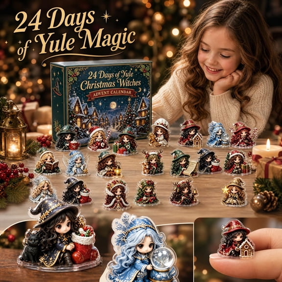 Witch Advent Calendar Holiday Countdown Box with 24 Yule Witch 2D Character Pieces for Seasonal Display and Festive Collecting