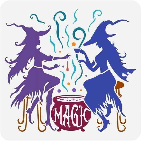 Witch Afternoon Tea Stencil for Painting 11.8x11.8 inch Reusable Cauldron of Witches Brew Drawing Template Large Witch Day Painting Stencil for Home Wood Furniture Floor Decoration white
