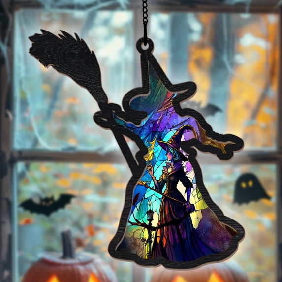 Witch And Broomstick Acrylic Suncatcher Ornament, Halloween Window Hanging For Home Wall, Gift for Witchcraft Lovers