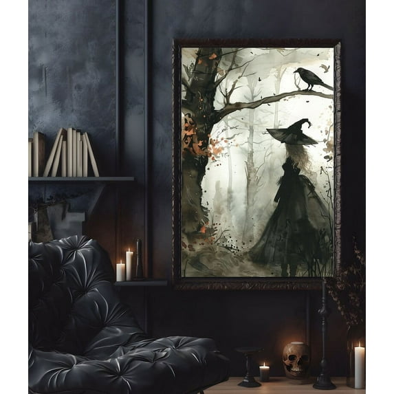 Witch And Crow In The Forest Poster Print, Witch Halloween Poster, Poster For Halloween, Wall Art Halloween, Raven Halloween Wall Art