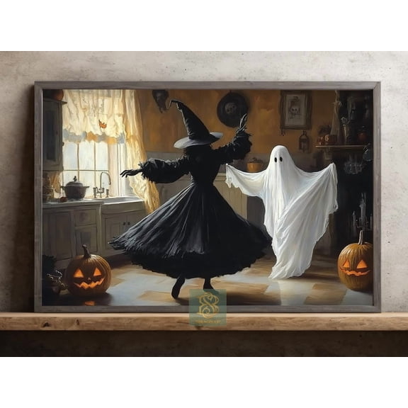 Witch And Ghost Dance Wall Art Print, Pumpkin Halloween Kitchen Decor