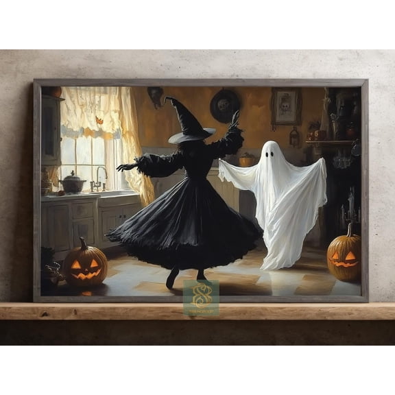 Witch And Ghost Dance Wall Art Print, Pumpkin Halloween Kitchen Decor