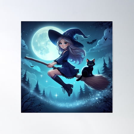 Witch And Her Loyal Black Cat Under The Moonlight Poster Wall Art, Modern Wall Decor For Living Room Bedroom, 16x16 UNFRAMED