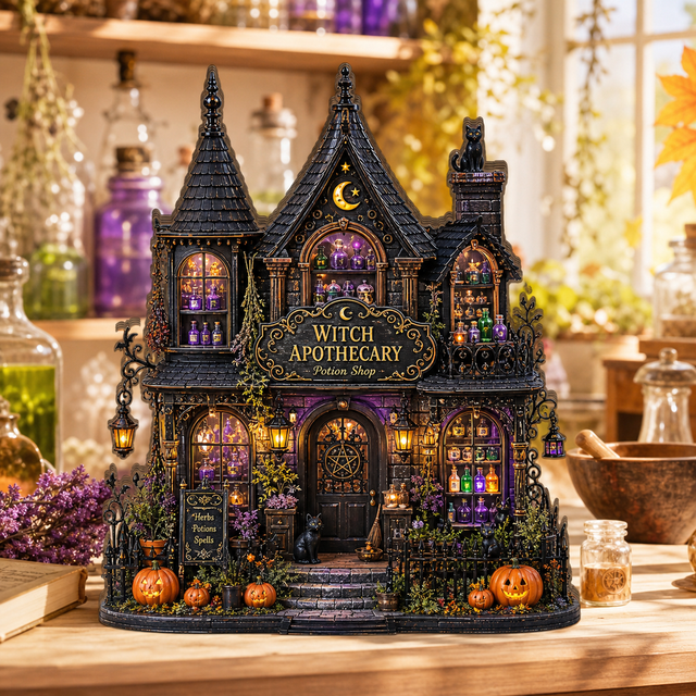 Witch Apothecary Cottage Wooden Block Halloween Home Decor for Tabletop ...