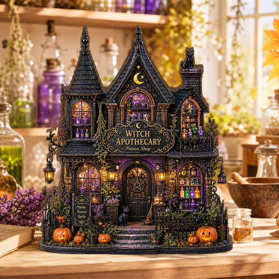 Witch Apothecary Cottage Wooden Block Halloween Home Decor for Tabletop