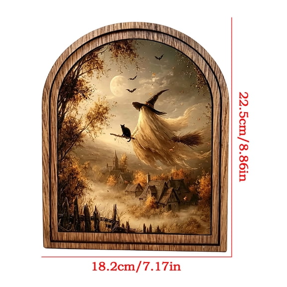 Witch Arched Wood Frame Tabletop Decor, Rustic Halloween Wall Art, Warm Spooky Artwork for Shelf Styling, Desk Decor, Living Rooms, Walls, 8.9 X 7.2 Inch