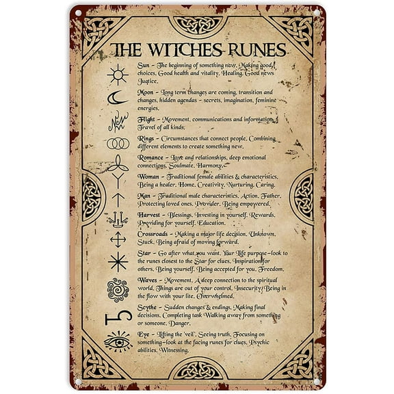 Witch Art Poster The Witches Runes Tin Sign Decoration Vintage Chic Metal Poster Wall Decor Art Gift for Home Bar Cafe Garage Outdoor Man Cave 12x8 inch