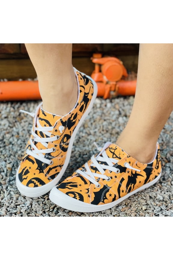 Witch Bat Halloween Canvas Sneakers, Lace Up Low Top Party Shoes, Women Halloween Witch Bat Print Canvas Lace Up Low Top Casual Shoes Fall Halloween Party Walking Sneakers, Orange 7