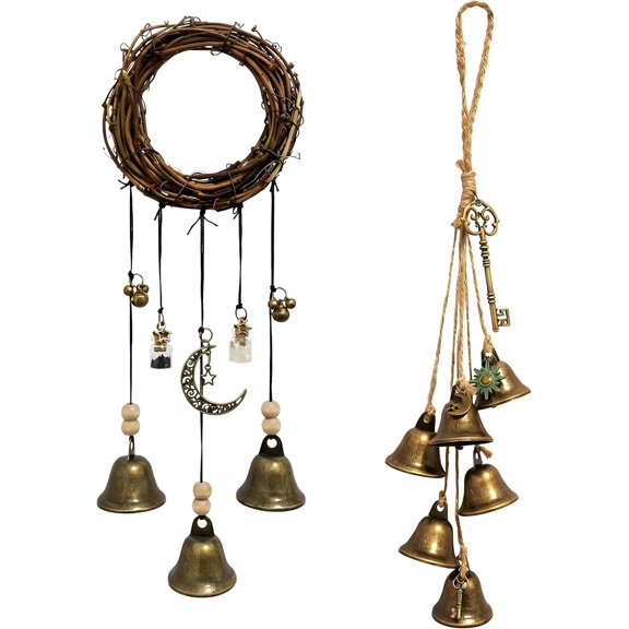 Witch Bells for Door Knob Protection, 2 Pack Handmade 13.5 & 12.2 Inch with Brass and Spell Jars, Vintage Boho Witchy Decor Witchcraft Supplies Wiccan Gifts Home Wall