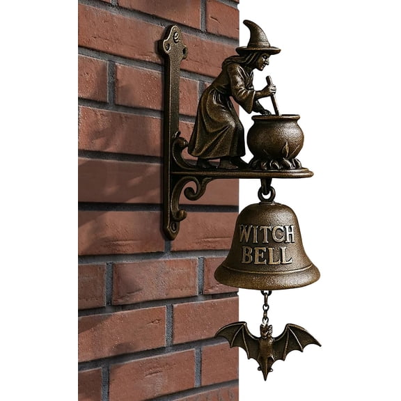 Witch Bells for Door, Vintage Cast Iron Doorbell with Witch on Broom Design, Halloween Protection Door Hangers for Front Door Porch Home Wall Decor, Gothic Home Accents, Witchcraft Gifts