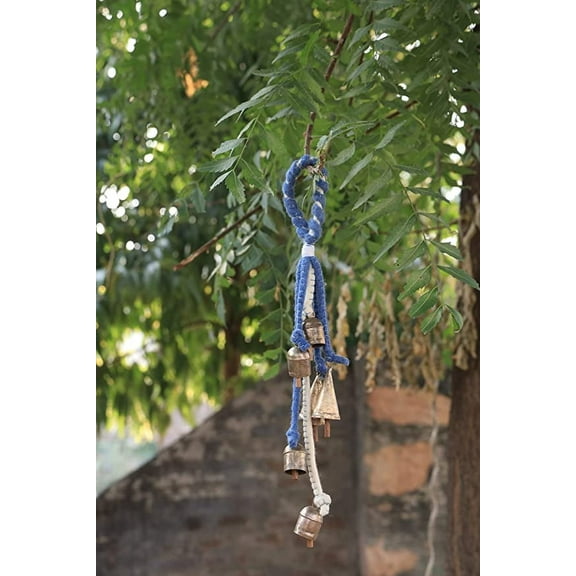 Witch Bells for Door Knob Protection Hanger with Indian Iron Tin Rustic Bells Wreath On Needle Felted Wool Rope (Blue & White)