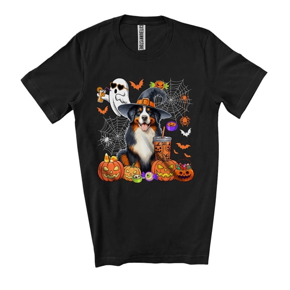 Witch Bernese Mountain Drinking Coffee; Horror Halloween Boo Ghost Pumpkin; Family Group Unisex T-Shirt