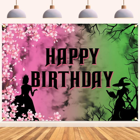 Witch Birthday Backdrop - Fantasy Bday Banner, Movie Party Decor, Magical Bday Bunting, Green and Pink Birthday Party Decorations  5x3 ft