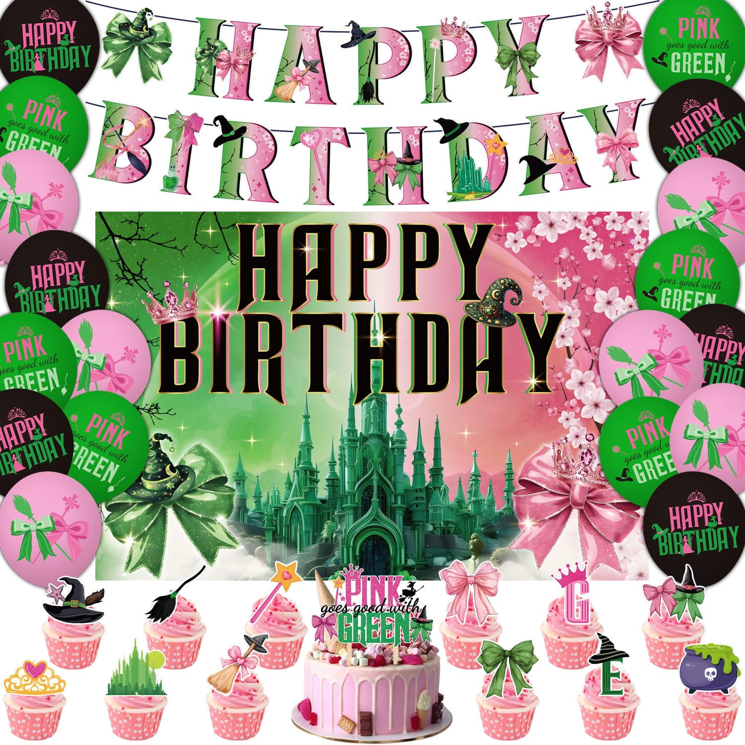 Witch Birthday Party Decorations Pink and AFN1Green Witch Theme Happy ...
