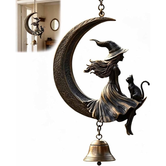 Witch & Black Cat Moon Wind Chime, Gothic Vintage Resin Halloween Hanging Cat, Retro Bohemian-Style Decor—Mystical Witch-Themed Ornaments Suitable for The Home Garden and Patio (1pc)
