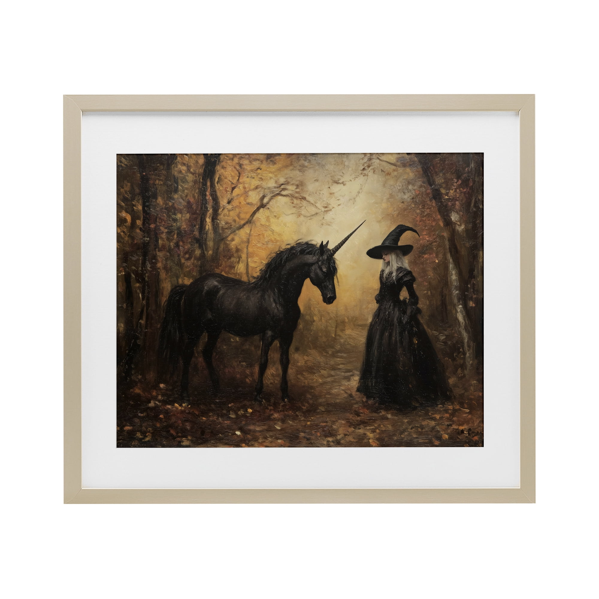 Witch & Black Unicorn Birch Framed Print Under Glass, design by Arlington Prints