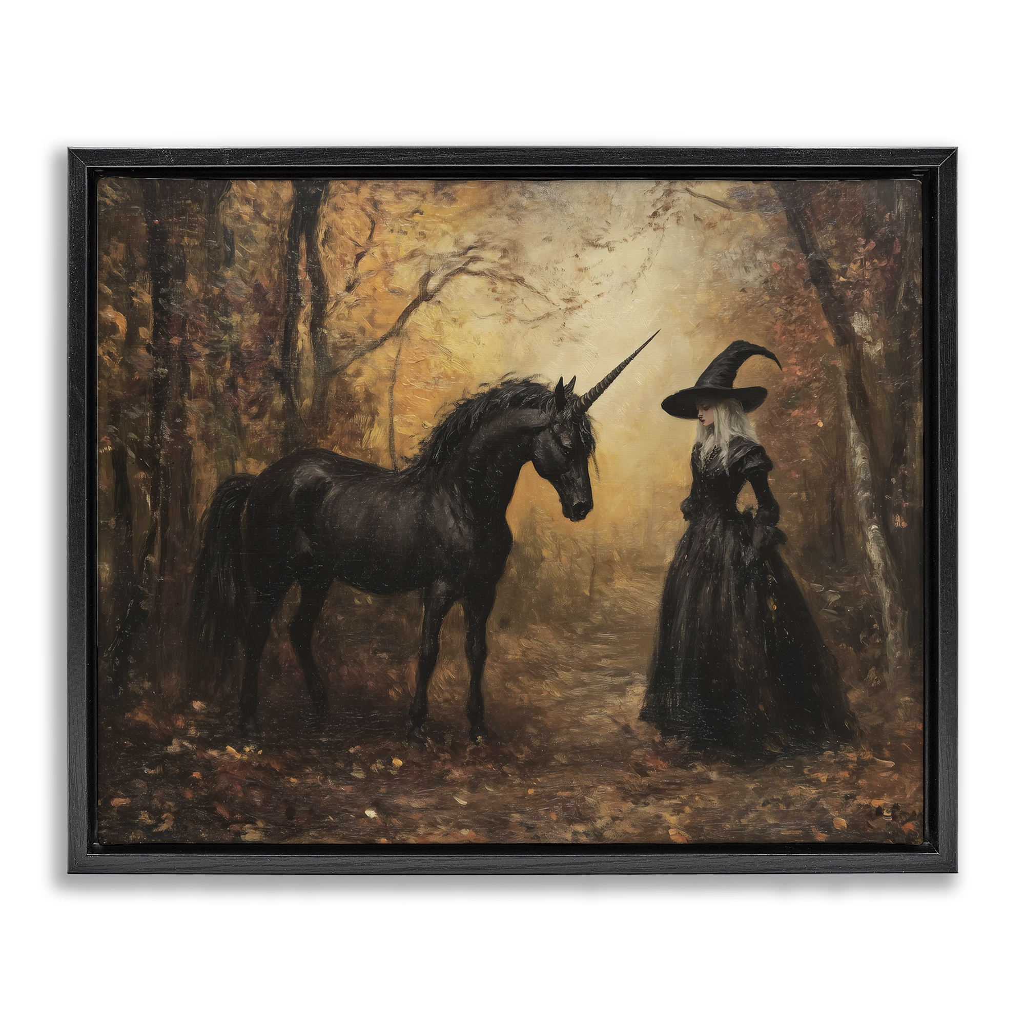 Witch & Black Unicorn Black Framed Floater Canvas Wall Art, design by Arlington Prints