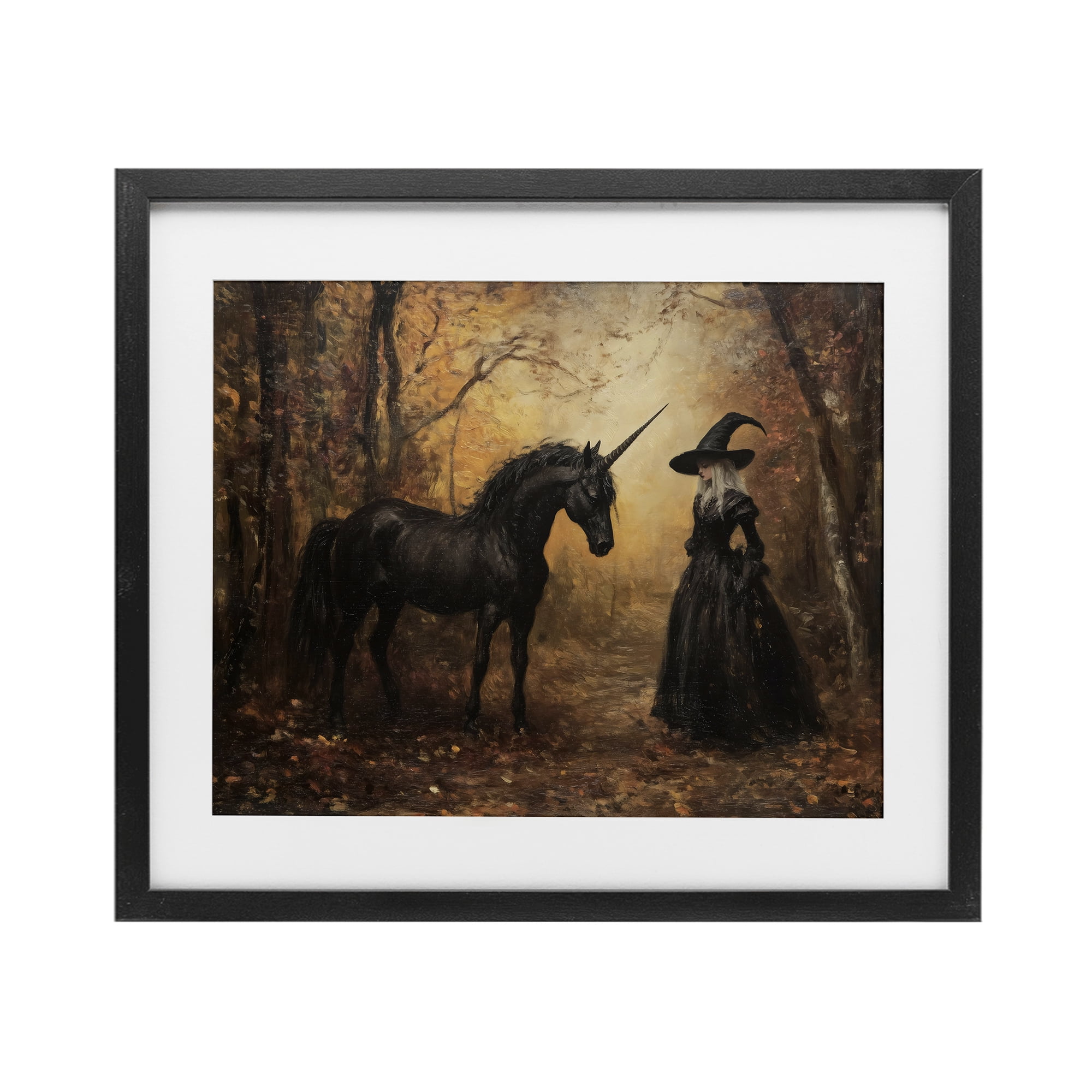 Witch & Black Unicorn Black Framed Print Under Glass, design by Arlington Prints