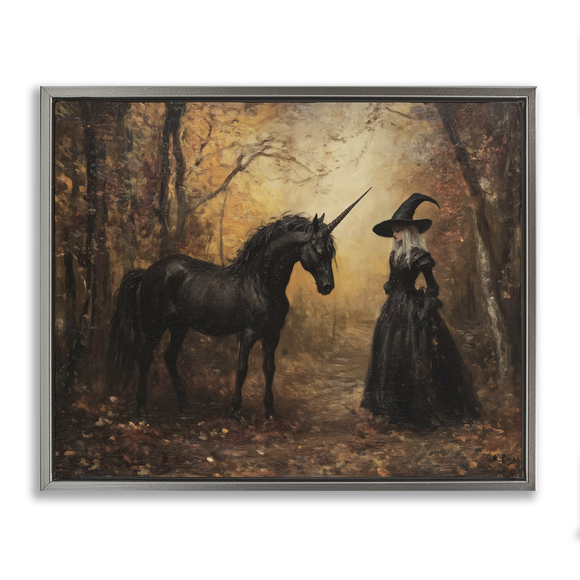 Witch & Black Unicorn Gray Framed Floater Canvas Wall Art, design by Arlington Prints