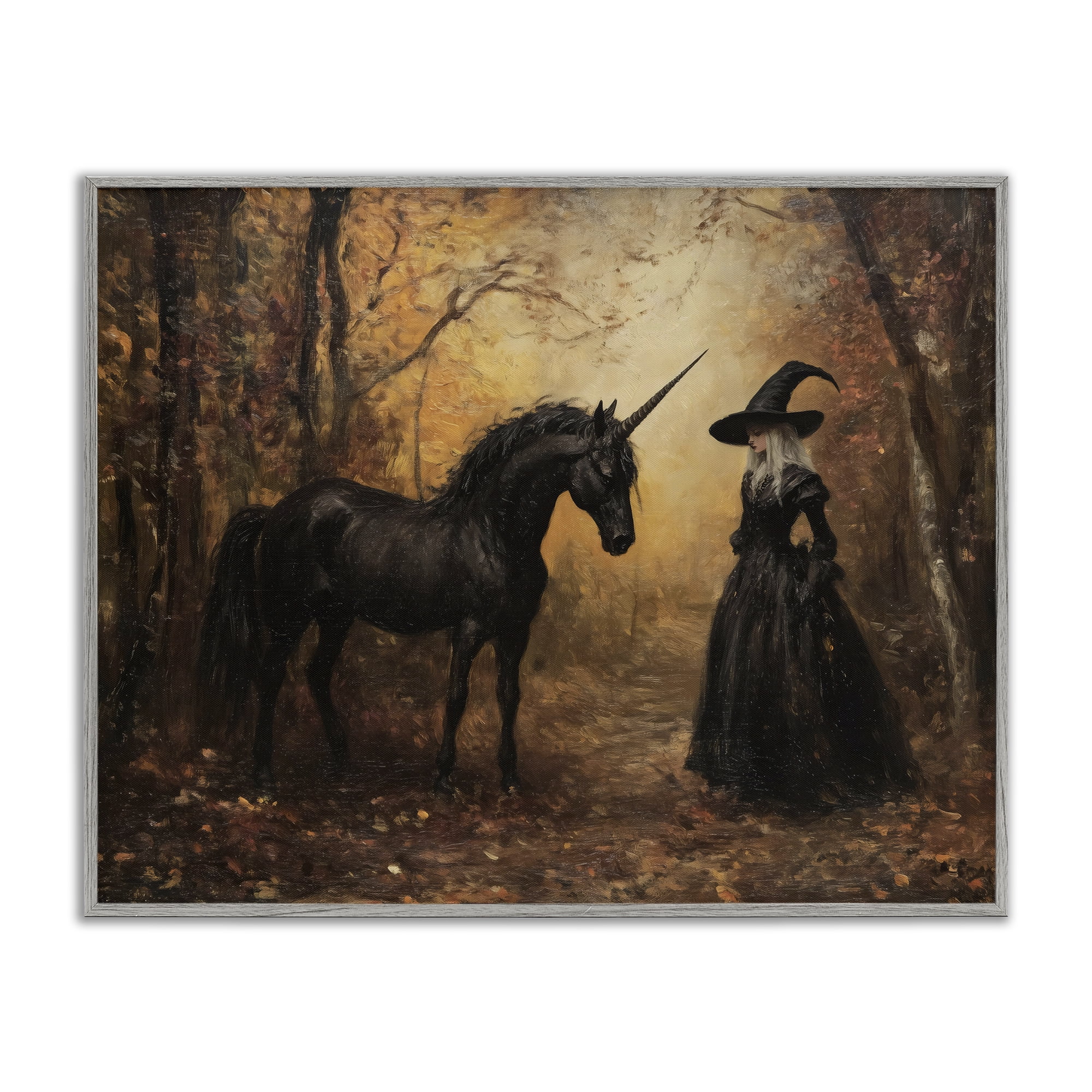 Witch & Black Unicorn Gray Framed Giclee Art, design by Arlington Prints