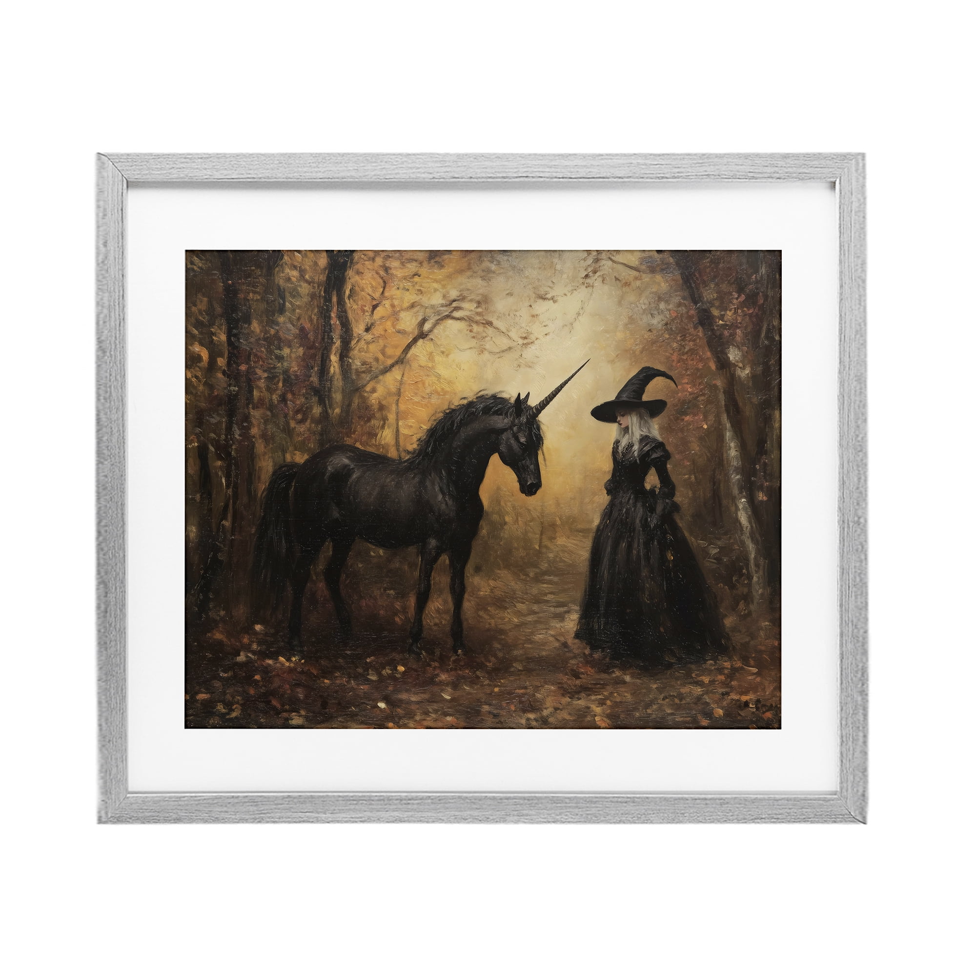 Witch & Black Unicorn Gray Framed Print Under Glass, design by Arlington Prints