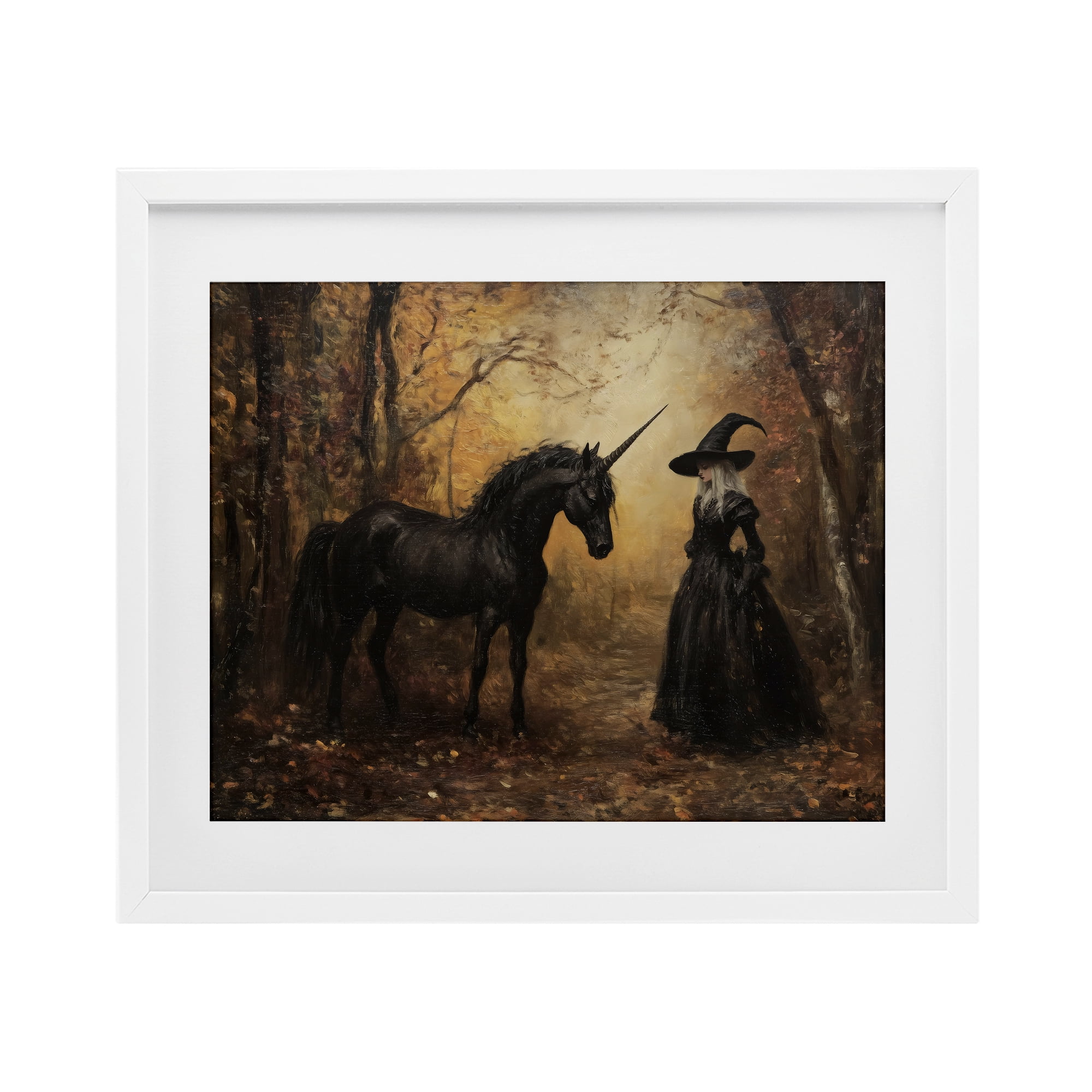 Witch & Black Unicorn White Framed Print Under Glass, design by Arlington Prints