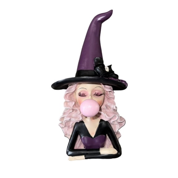 Witch Blowing Bubblegum Resin Figurine Witch Hat Bow Cute Halloween Tabletop Statue Spooky Witchcraft Collectible Ornament For Home Shelf(Purple-20Cm)