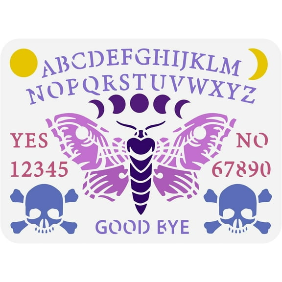 Witch Board Stencil 8.3x11.7inch Reusable Answers Board Game Number 0-9 Alphabet A-Z Stencil Divination Moth Template Skull Witchcraft Stencil for Painting on Wood Wall and Furniture
