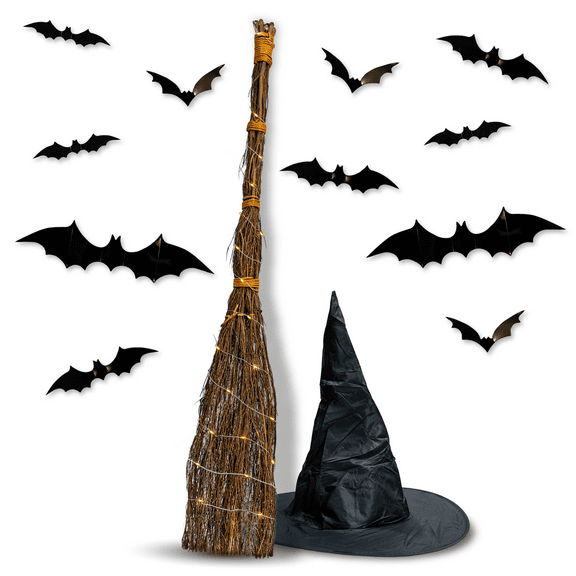 Witch Broom Decor Set 36 Witches Broom with Witch Hat, Lights & 11 Bats | Halloween Witches Broomstick Decoration & Costume Prop | Hocus Pocus Scene Decor
